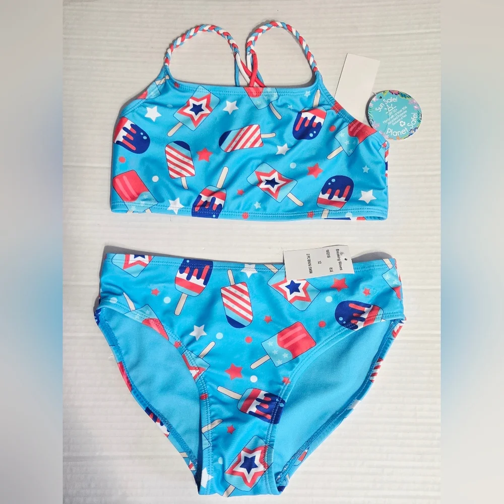 Breaking‎ Waves Girls Bikini Swimsuit Size 12 UPF 50+ Patriotic Popsicles